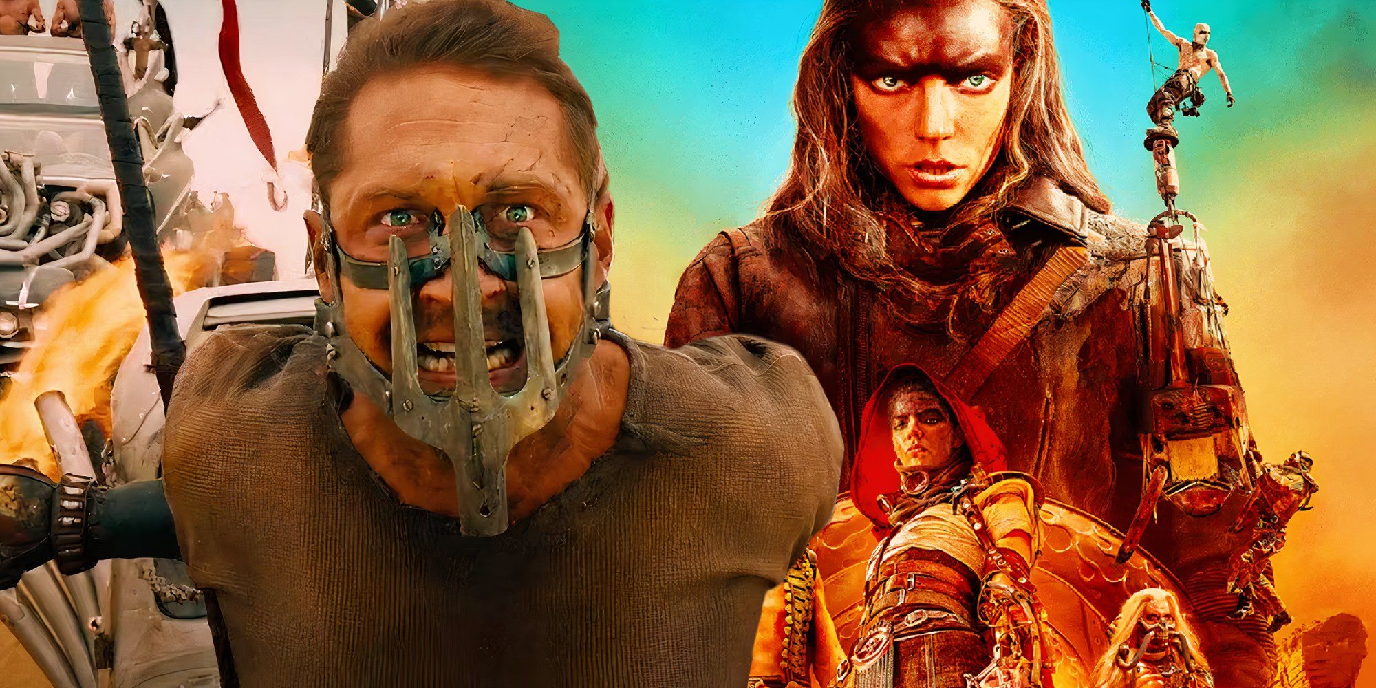 The poster for Furiosa (2024) next to Tom Hardy tied up as Mad Max in Mad Max: Fury Road (2015)