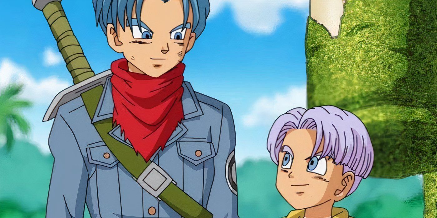 Future Trunks and Trunks looking at each other smiling