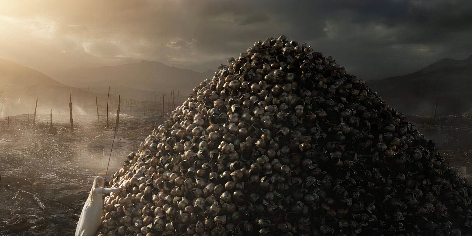 Galadriel with a pile of helmets in Rings of Power