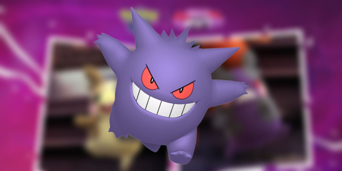 Gengar against the background art for the Pokemon GO Hallowen Part 1 event