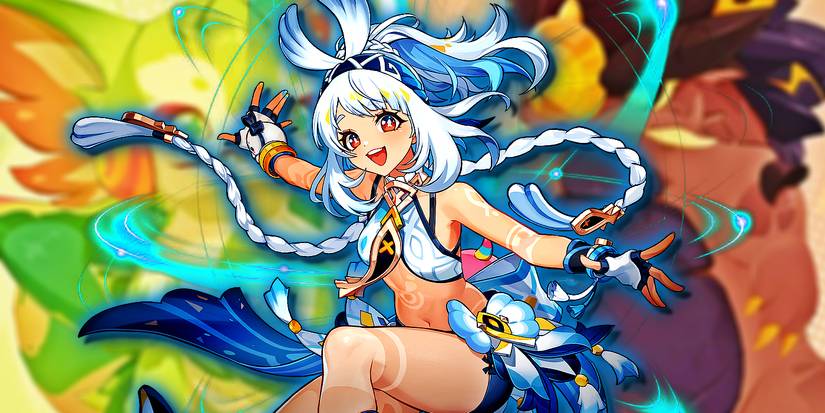 Genshin Impact's Mualani smiles and poses with Saurians in the background.