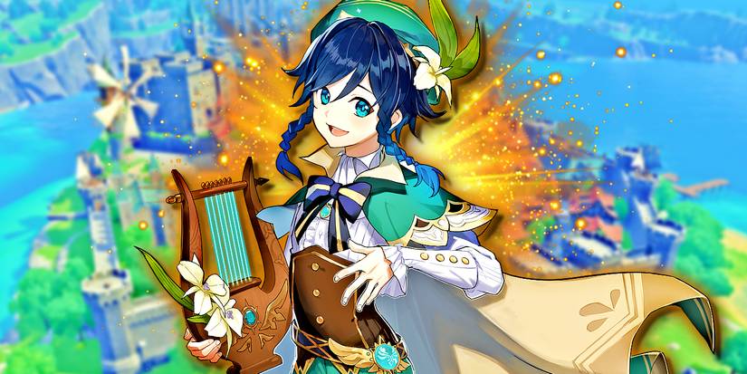 Genshin Impact's Venti plays a harp with Mondstadt in the distance.