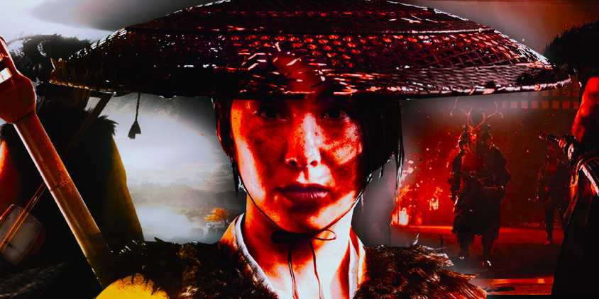 Ghost of Yotei's New Protagonist with red colouring on a background from the game