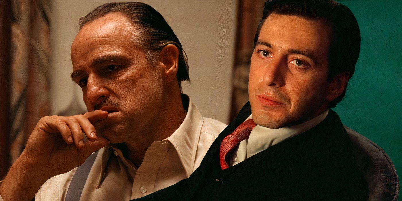 Vito Corleone (Marlon Brando) and Michael Corleone (Al Pacino) in The Godfather