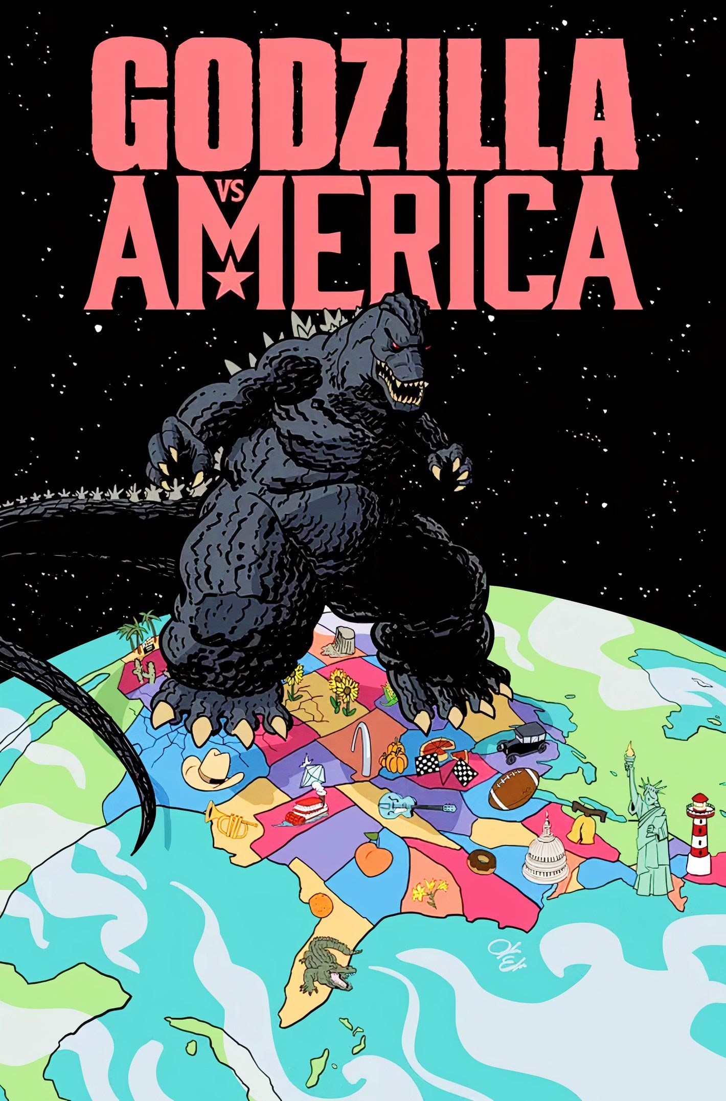 Imagem teaser de Godzilla vs. América, com o Rei dos Monstros pisando em um mapa dos EUA