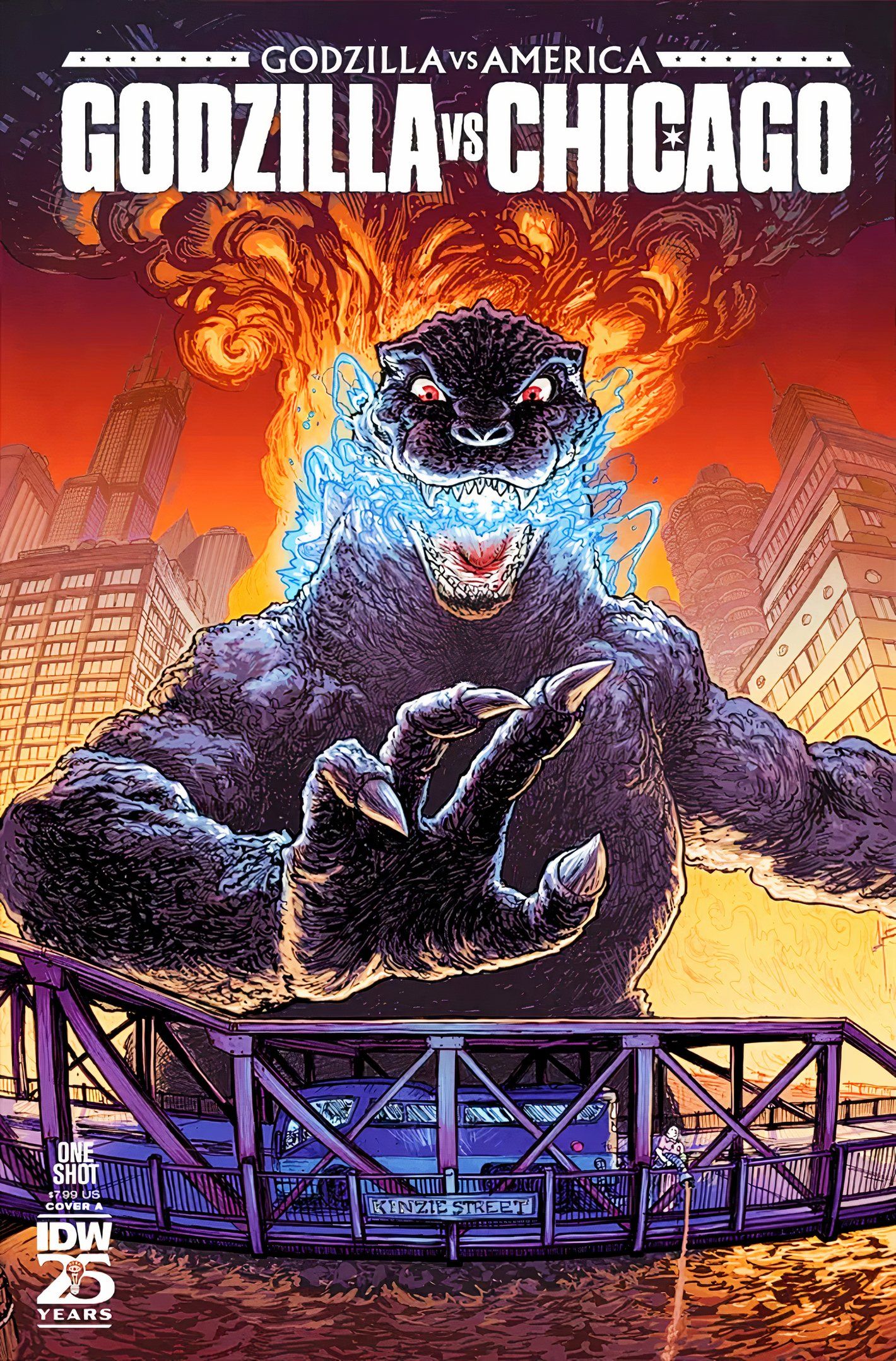 Godzilla vs. Chicago main cover, Godzilla with blue flames shooting from his mouth as he ravages Chicago