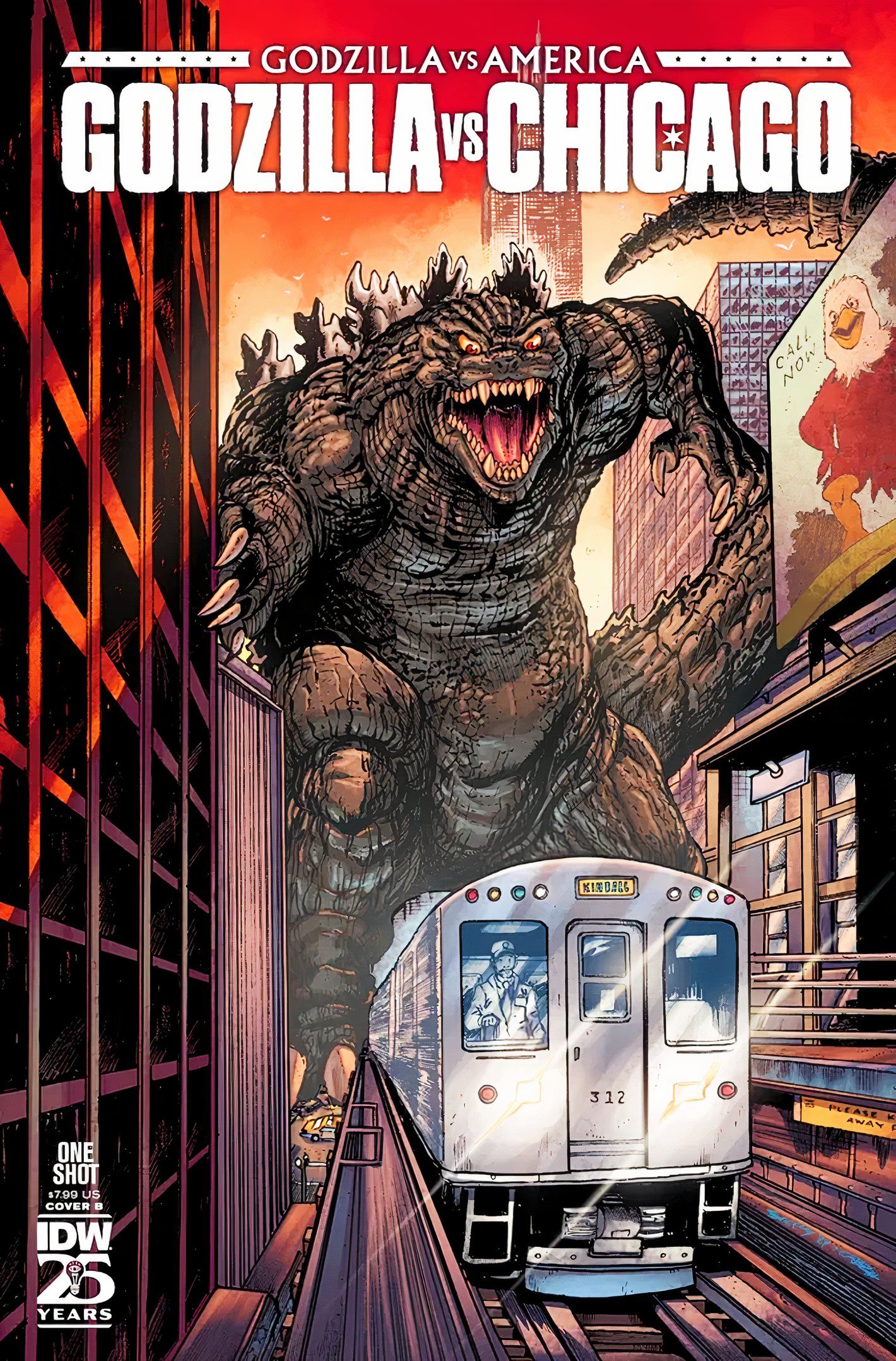 Godzilla vs Chicago variant cover, Godzilla chasing the elevated train