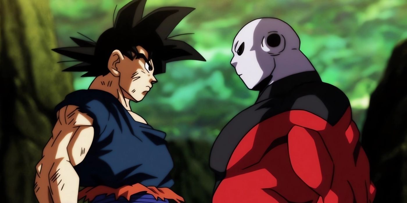 Goku and Jiren prepared to fight during the tournament of power in Dragon Ball Super. 