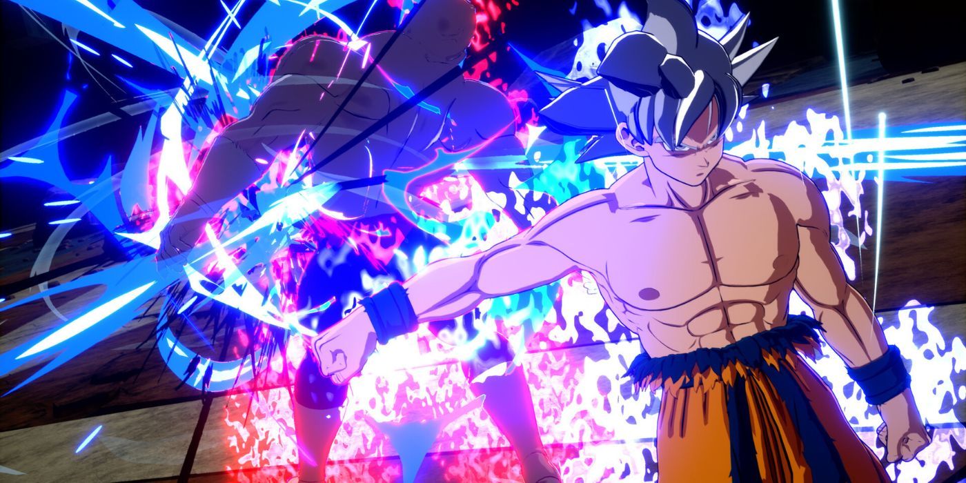 A powered-up Goku punches an enemy in the back, causing a purple energy explosion