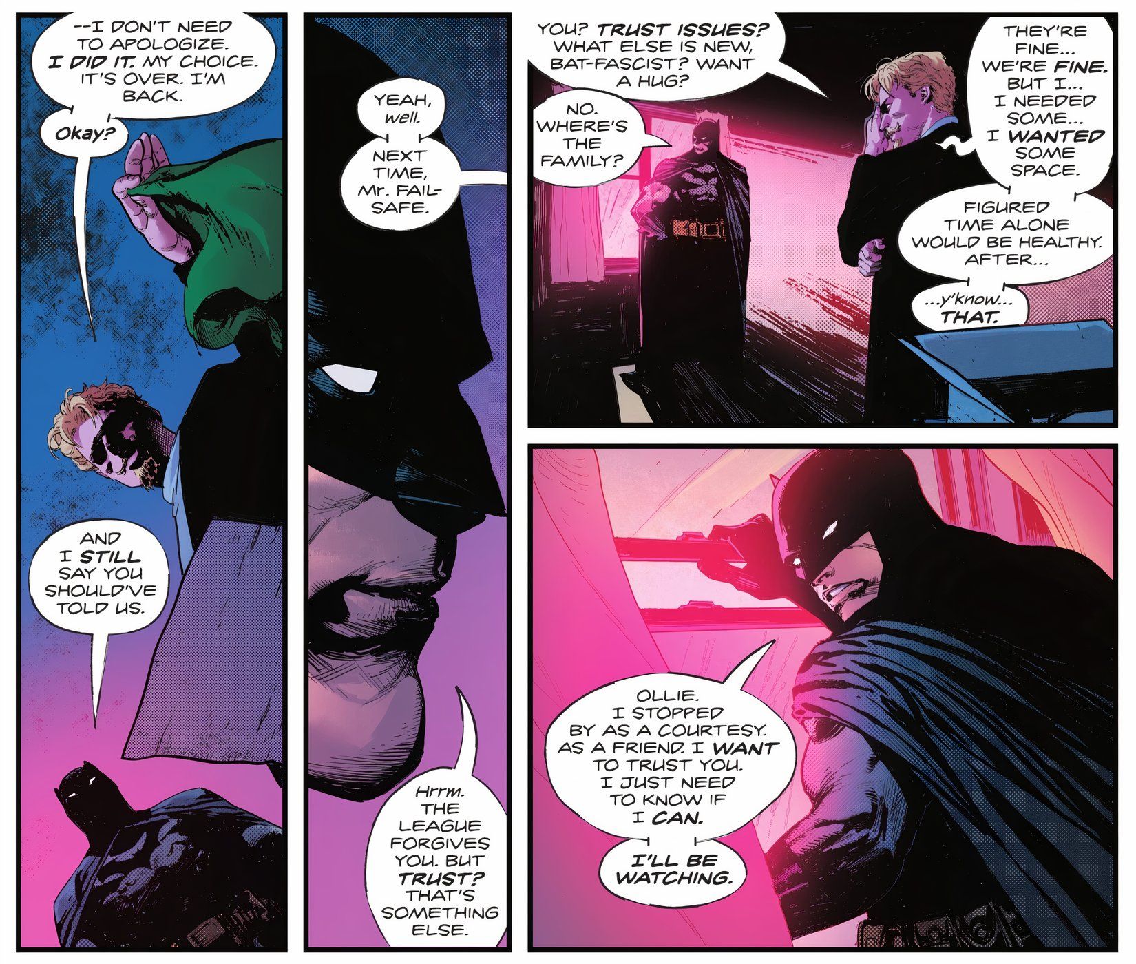 When Batman accuses Green Arrow of being too secretive, Green Arrow calls him "Mr Failsafe" to rebuke him.