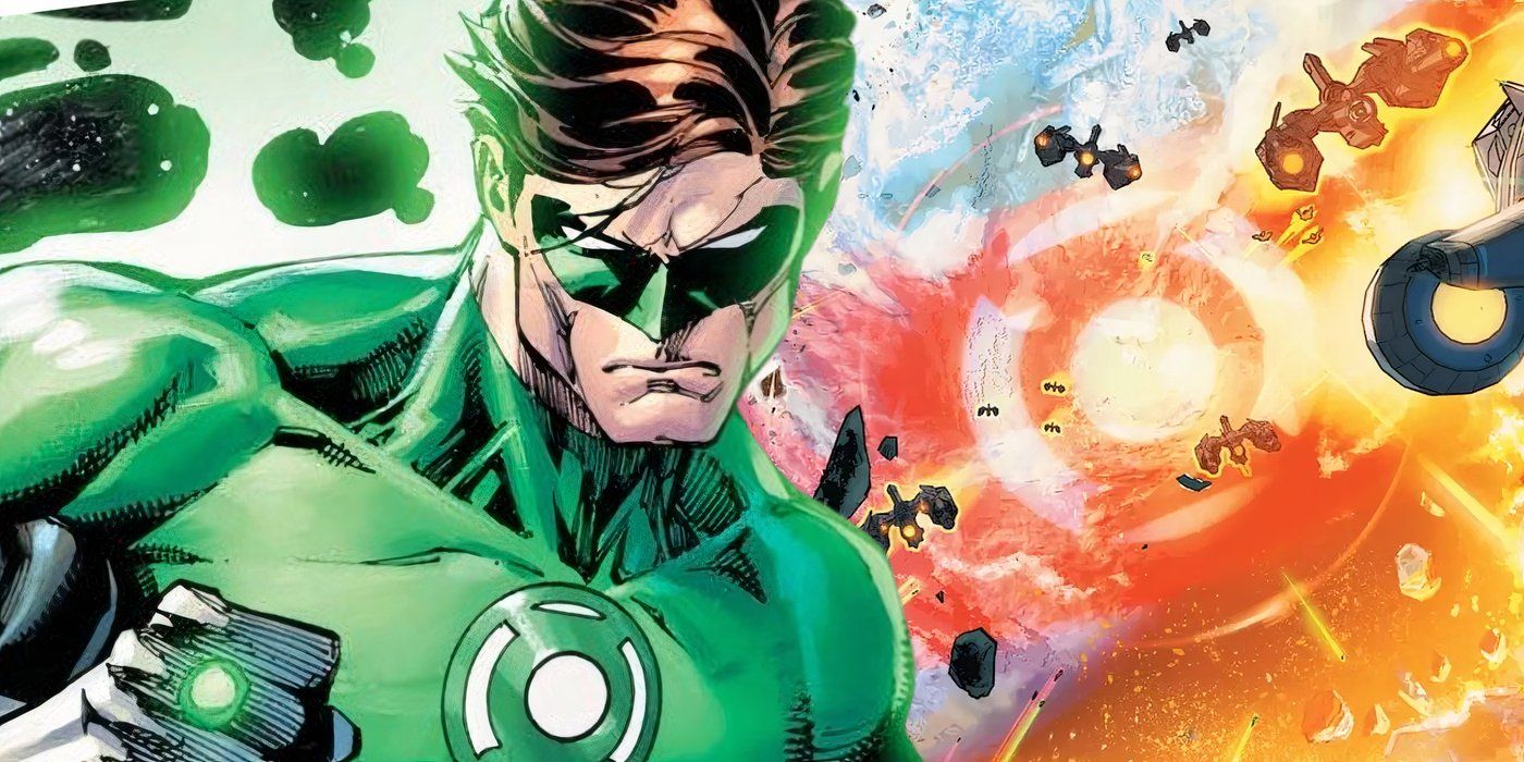 Arte em quadrinhos: Hal Jordan em primeiro plano com um olhar sério enquanto o Lanterna Vermelho Mogo destrói um planeta ao fundo.