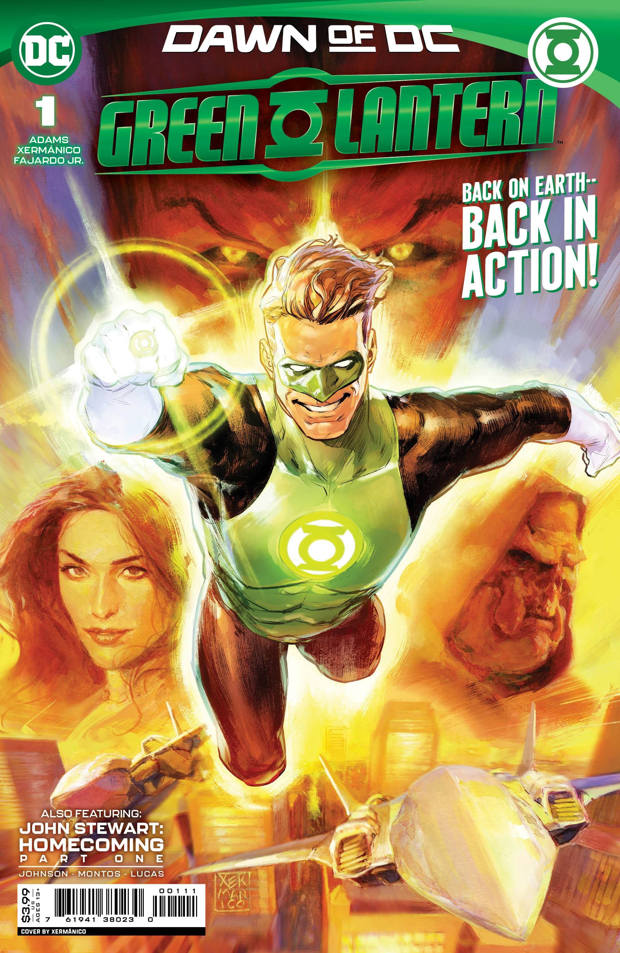 Comic book cover: Green Lantern Hal Jordan flies forward. Behind him are collaged images of Carol Ferris and Kilowog.