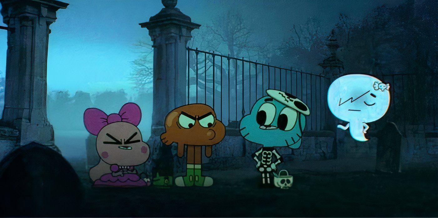 Gumball e seu amigo fazem doces ou travessuras do lado de fora de um cemitério em O Incrível Mundo de Gumball