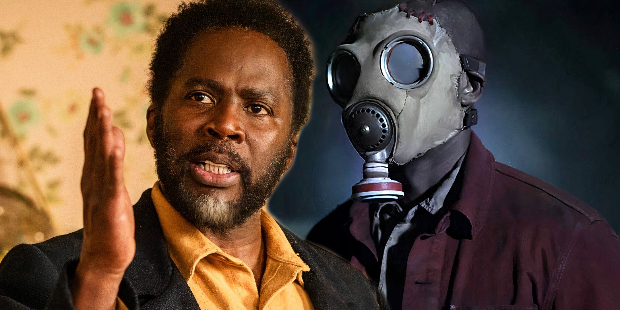Harold Perrineau as Boyd speaking in From next to Rob Morgan as McNab wearing a gas mask and standing in the field at night in Teacup