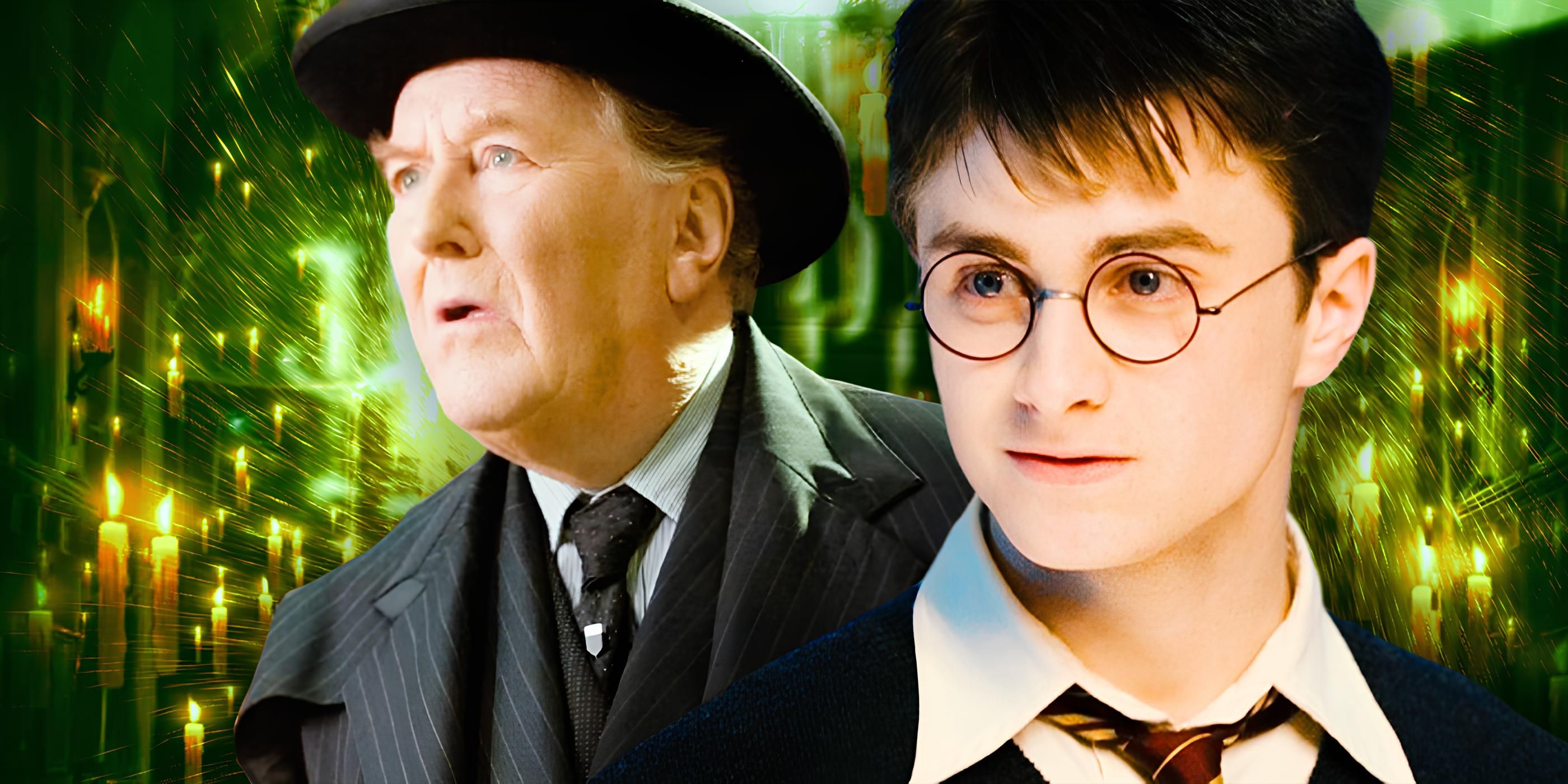 Cornelius Fudge terlihat kaget dan Harry Potter tersenyum di film Harry Potter