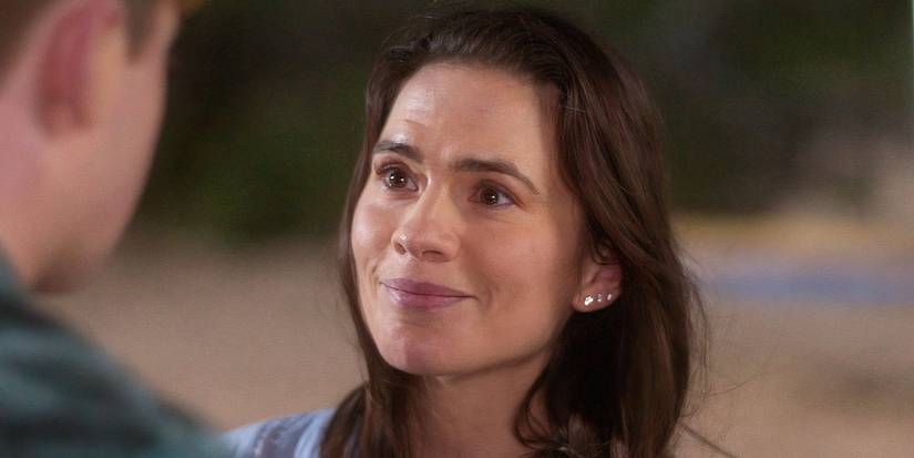 Diane (Hayley Atwell) looks up with tears in her eyes in Heartstopper