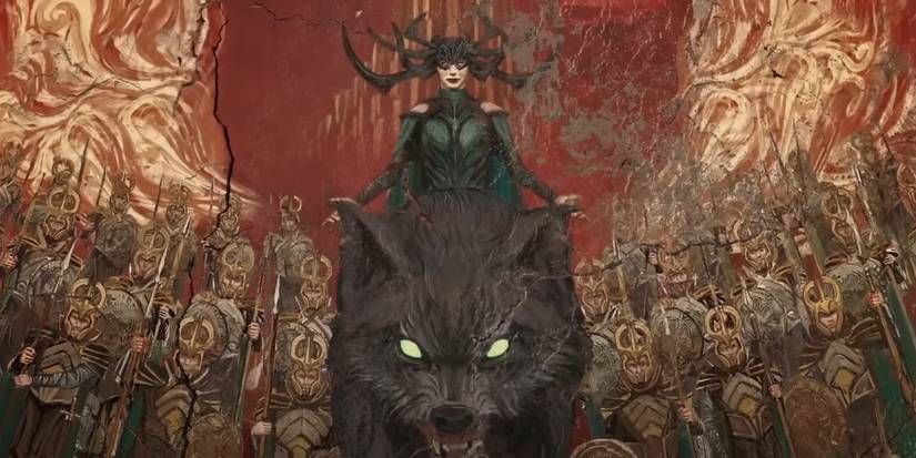Hela rides a massive wolf.