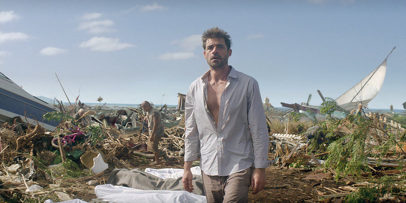 Hereafter (2010)  Man overlooks a beach in which everything is destroyed he looks dishevelled and tired