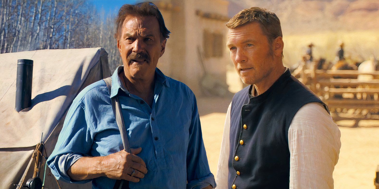 Kevin Costner as Hayes Ellison and Sam Worthington as Trent Gephart in Horizon: An American Saga - Chapter 1