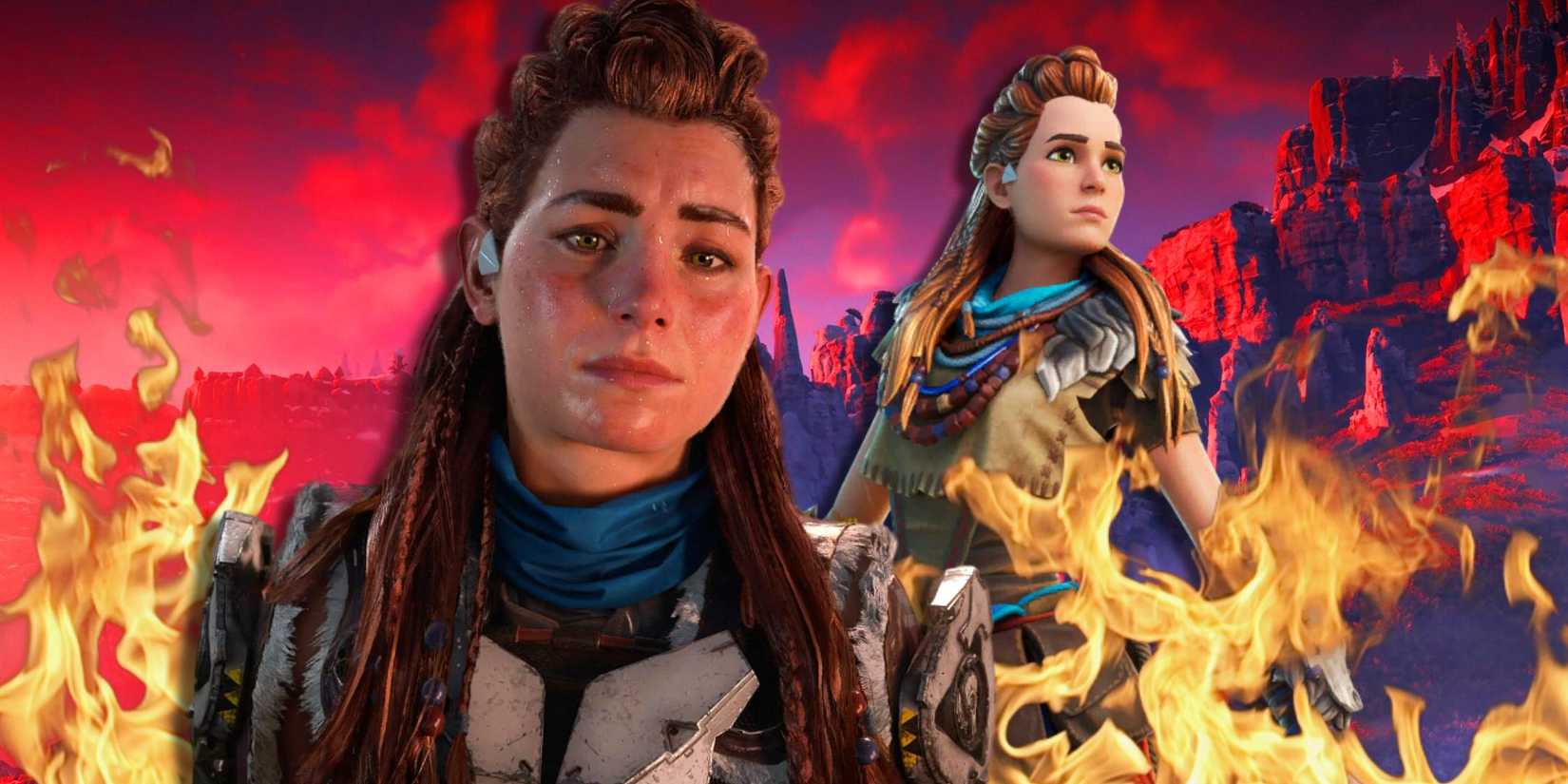 Aloy from Horizon Forbidden West next to Aloy's Fortnite skin.