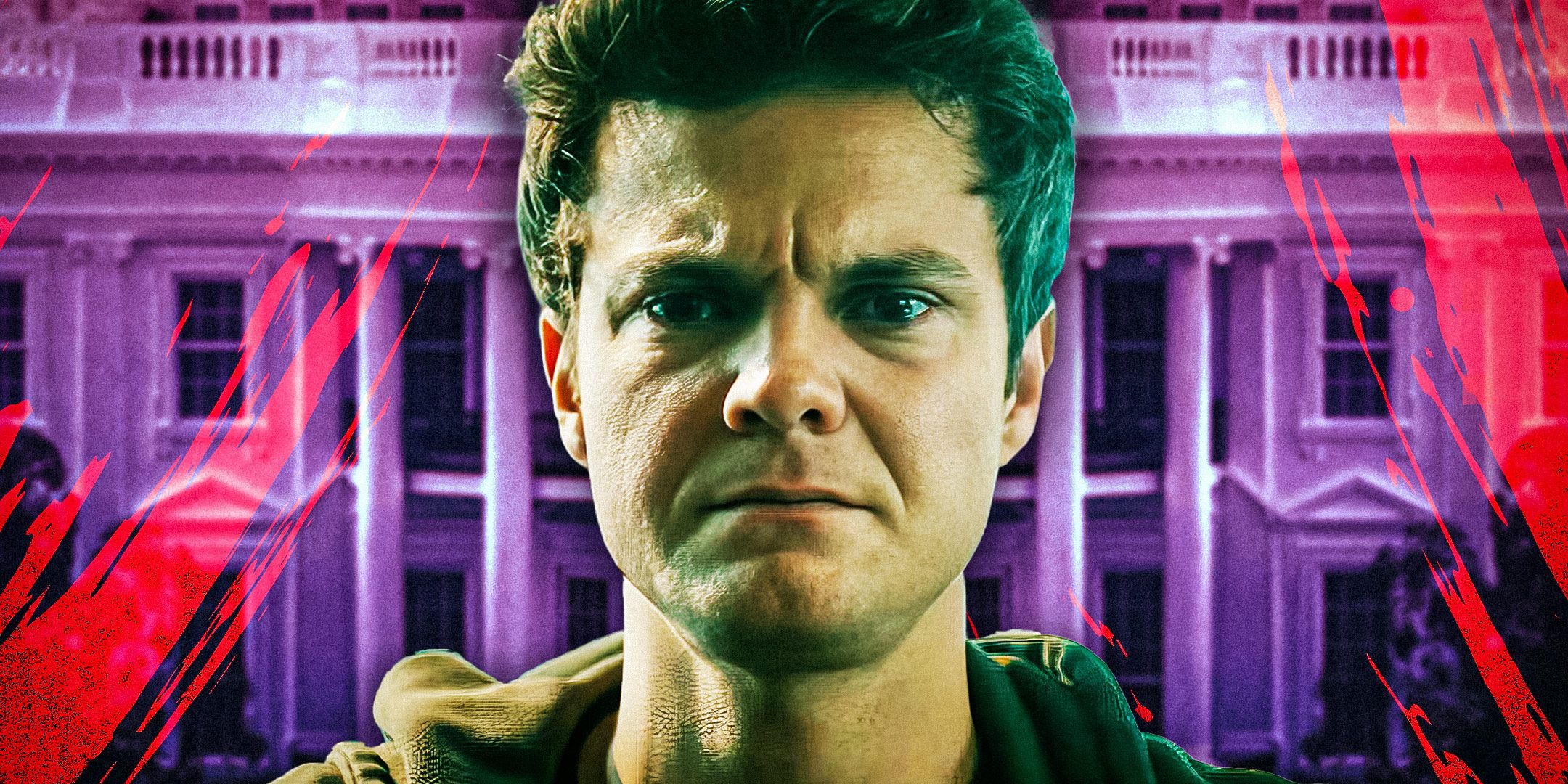 Jack Quaid as Hughie Campbell frowning in The Boys with the White House and red paint as the background