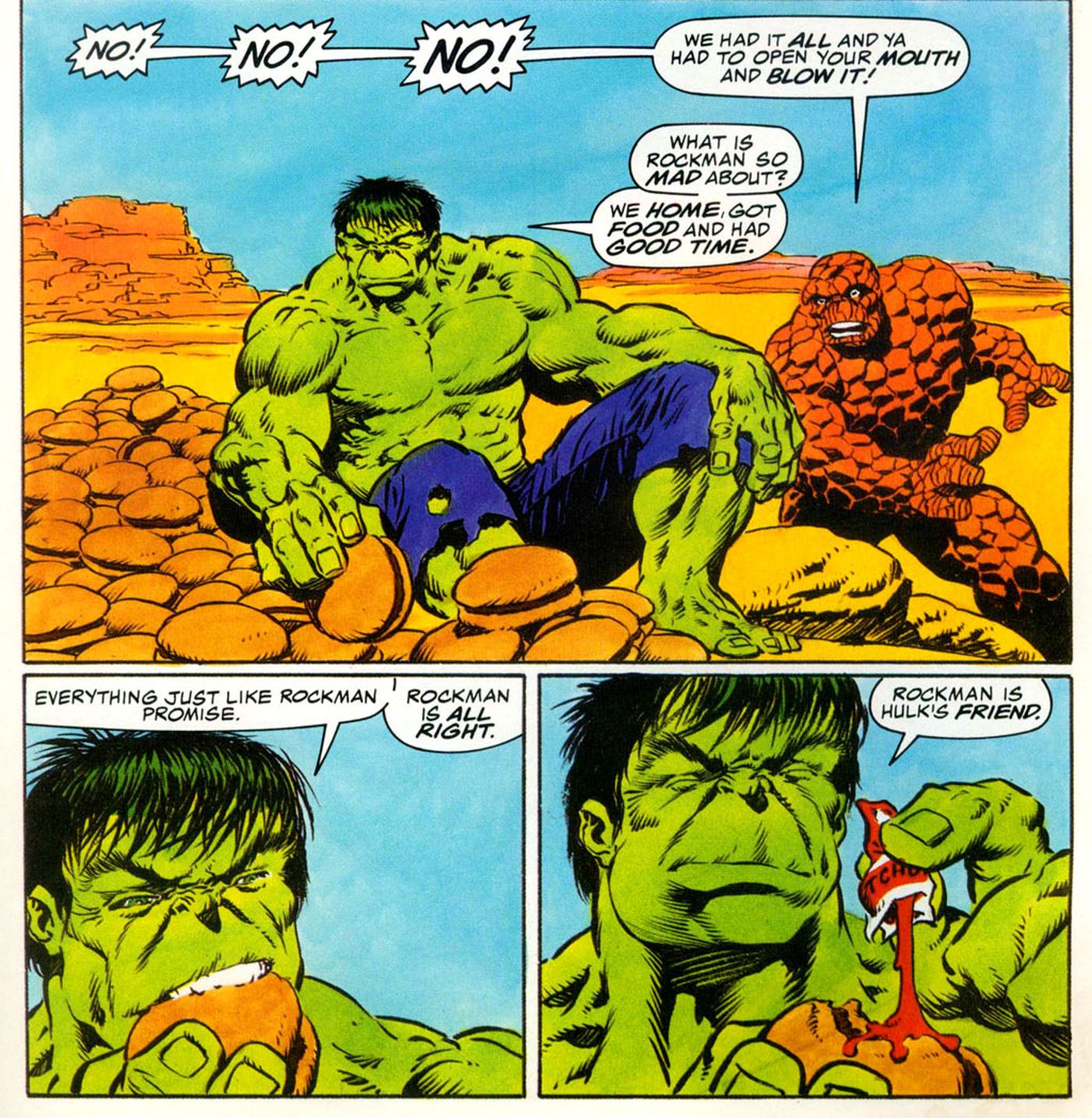 Hulk sentado em uma montanha de hambúrgueres ao lado da coisa