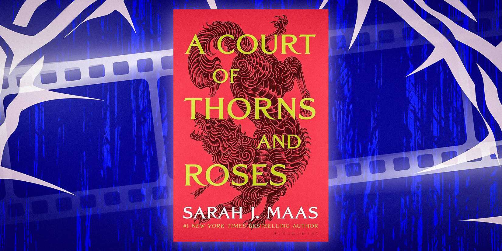 A custom image of A Court of Thrones and Roses with a film reel background.