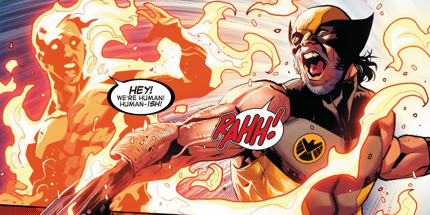 Human Torch and SHIELD Wolverine fighting with fire and claws as they yell at one another