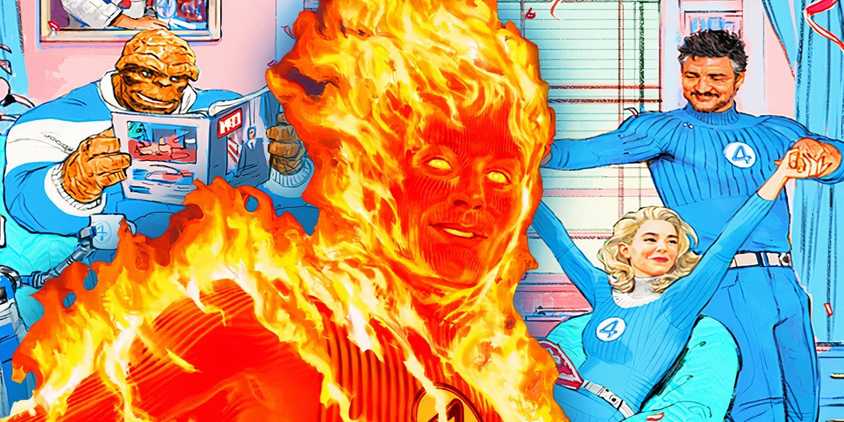 The Human Torch in flames in front of the promo art for the MCU's Fantastic Four.
