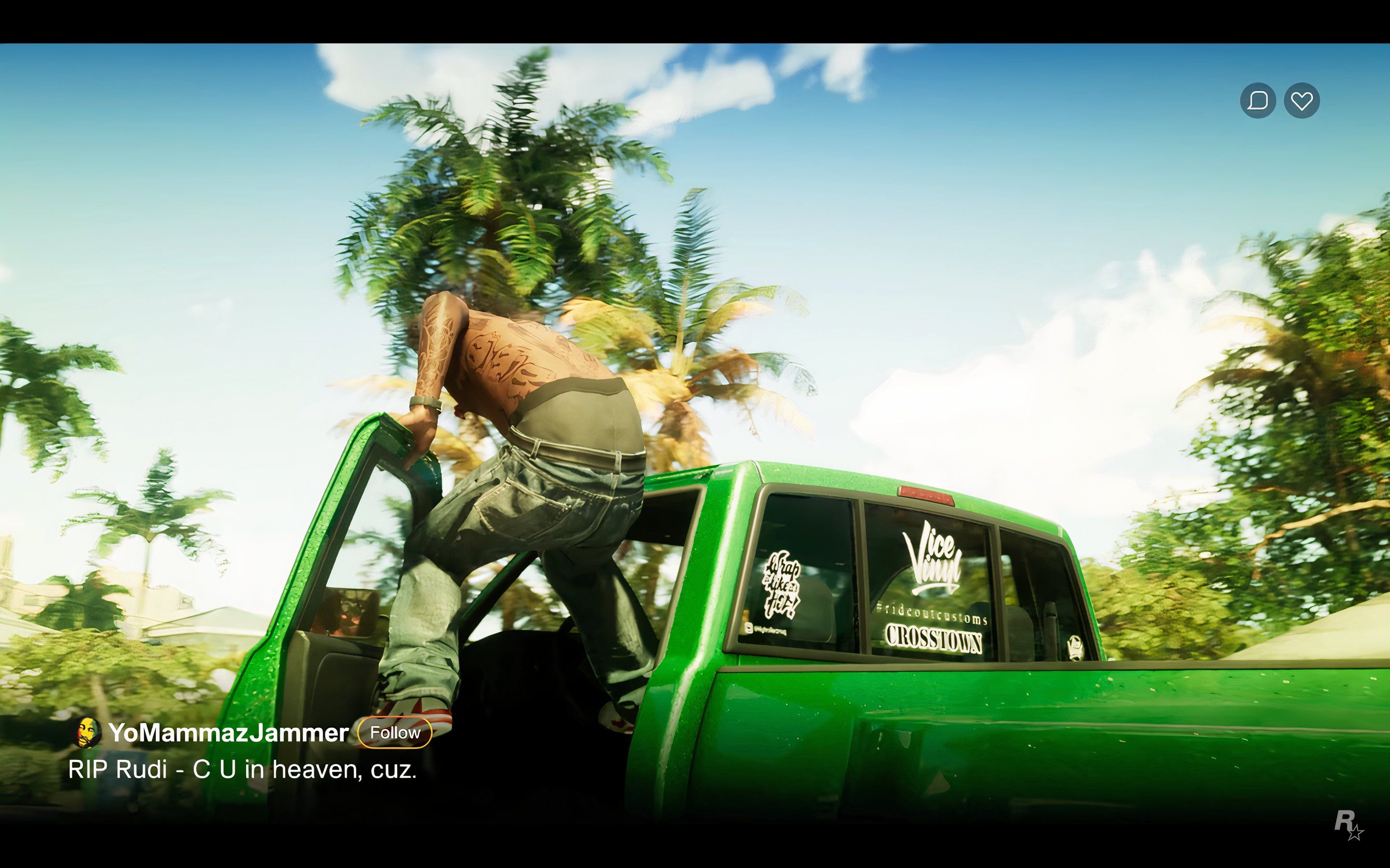 Man hanging out of a green truck as seen in the social media app in Grand Theft Auto 6