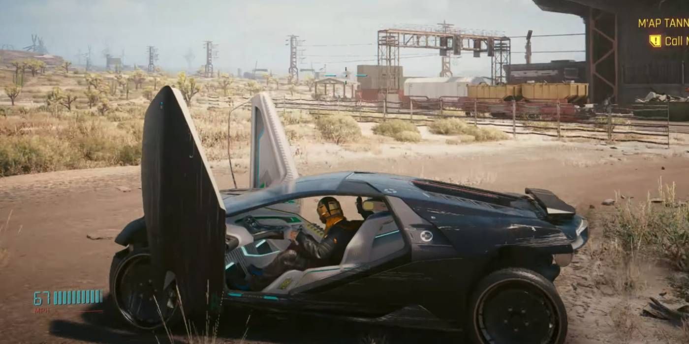 Cyberpunk 2077 Rayfield Caliburn vehicle with doors open while driving