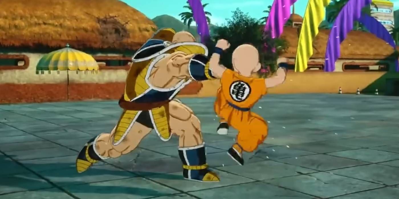 Dragon Ball Sparking Zero Kuririn usando Wild Sense para se esquivar e conter o ataque de Nappa