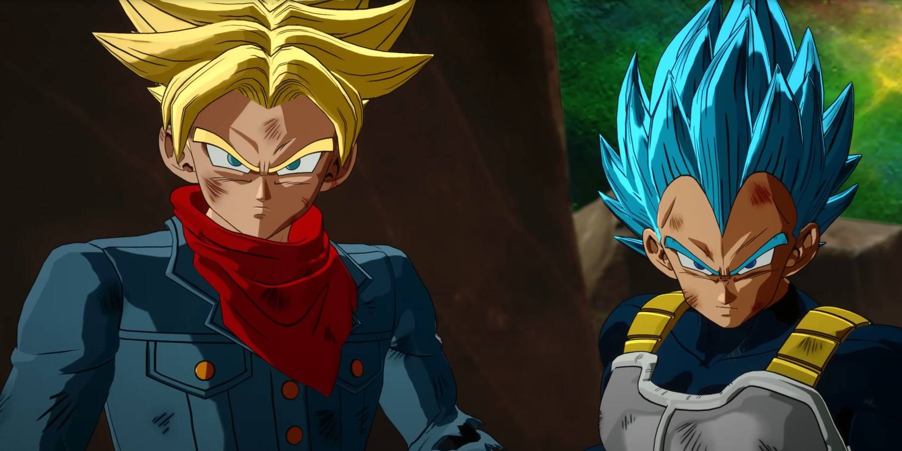 Dragon Ball Sparking Zero Future Trunks with Super Saiyan Blue Vegeta during "Inherited Pride" alternate ending