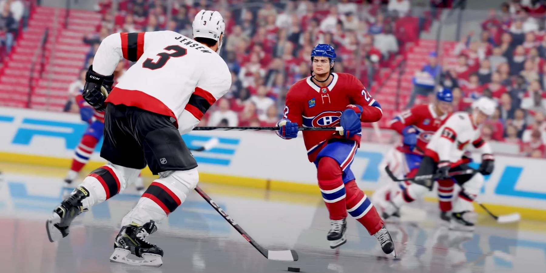 EA Sports NHL 25 dois jogadores se enfrentando no gelo, com um tentando desviar o disco do outro