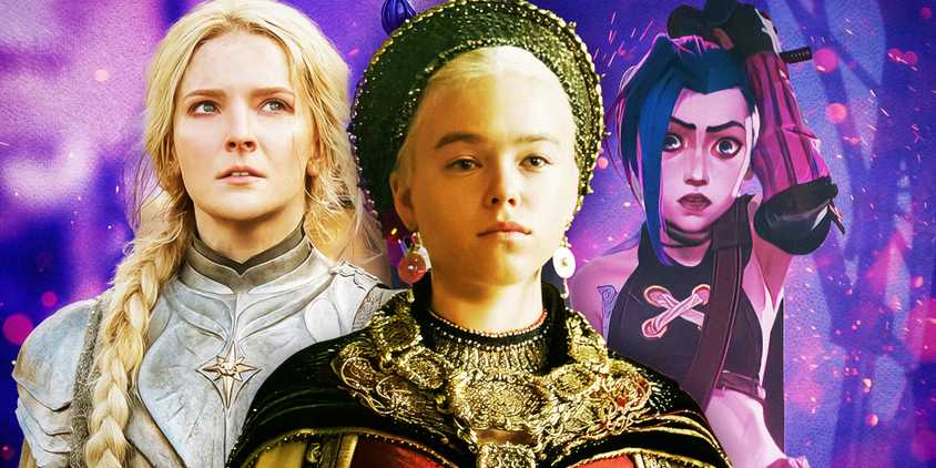 Cutouts of Morfydd Clark as Galadriel in The Lord of the Rings: The Rings Of Power, Milly Alcock as Young Rhaenyra Targaryen in House of the Dragon, & Jinx from Arcane against a purple textured background.