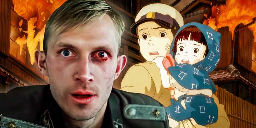imagery from Come and See and Grave of the Fireflies on a burning background