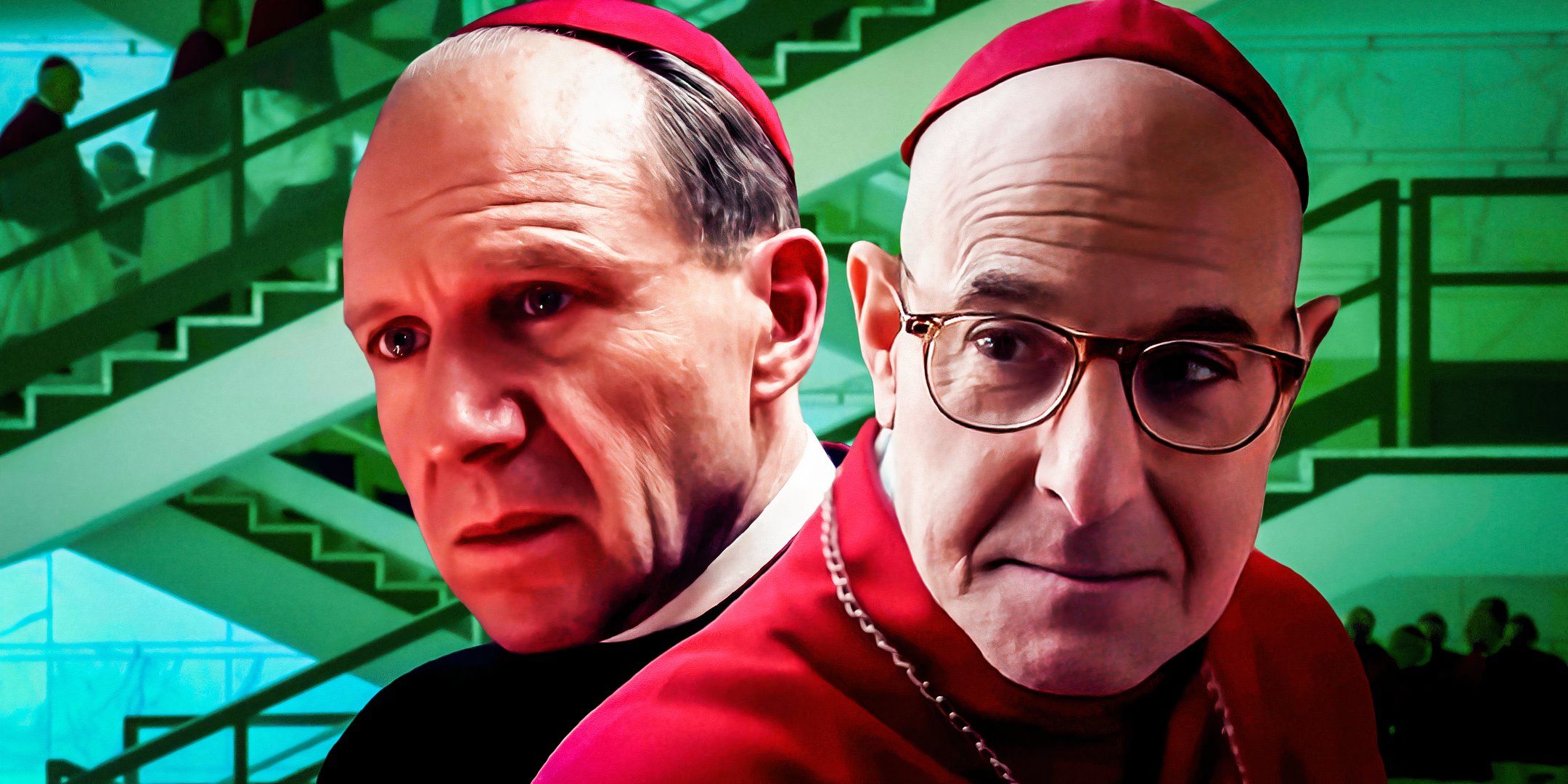 Cardinal Lawrence and Cardinal Bellini in the film Conclave