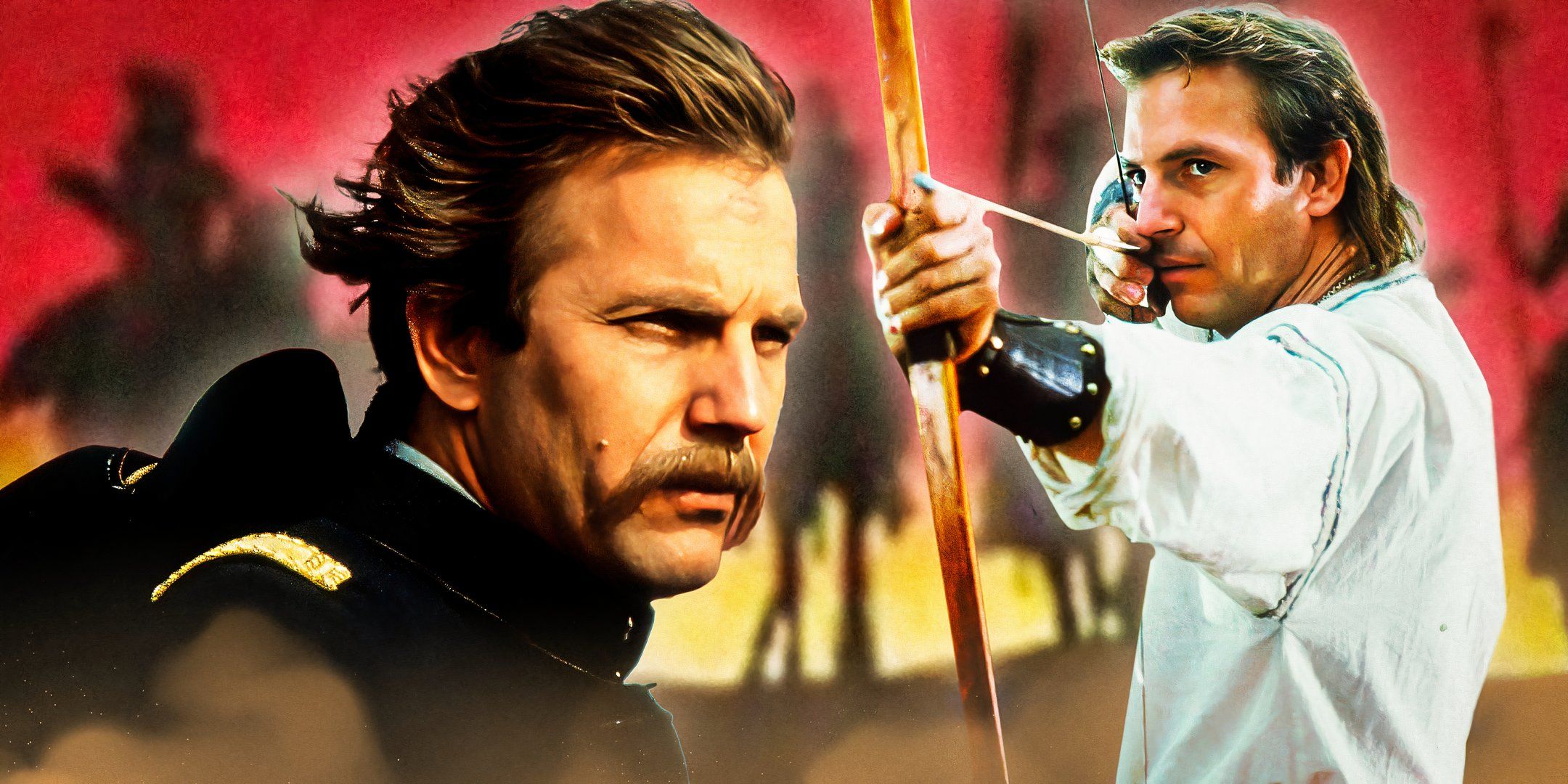 imagery from Dances with Wolves and Robin Hood Prince of Thieves pulling back a bow and arrow 