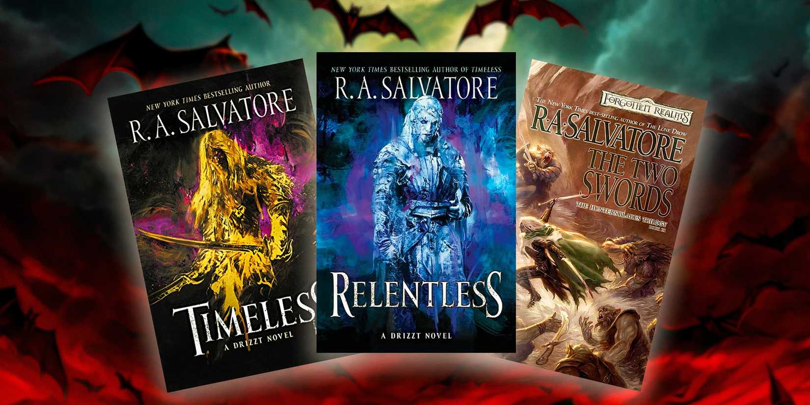 Drizzt Do'Urden books on a custom background.
