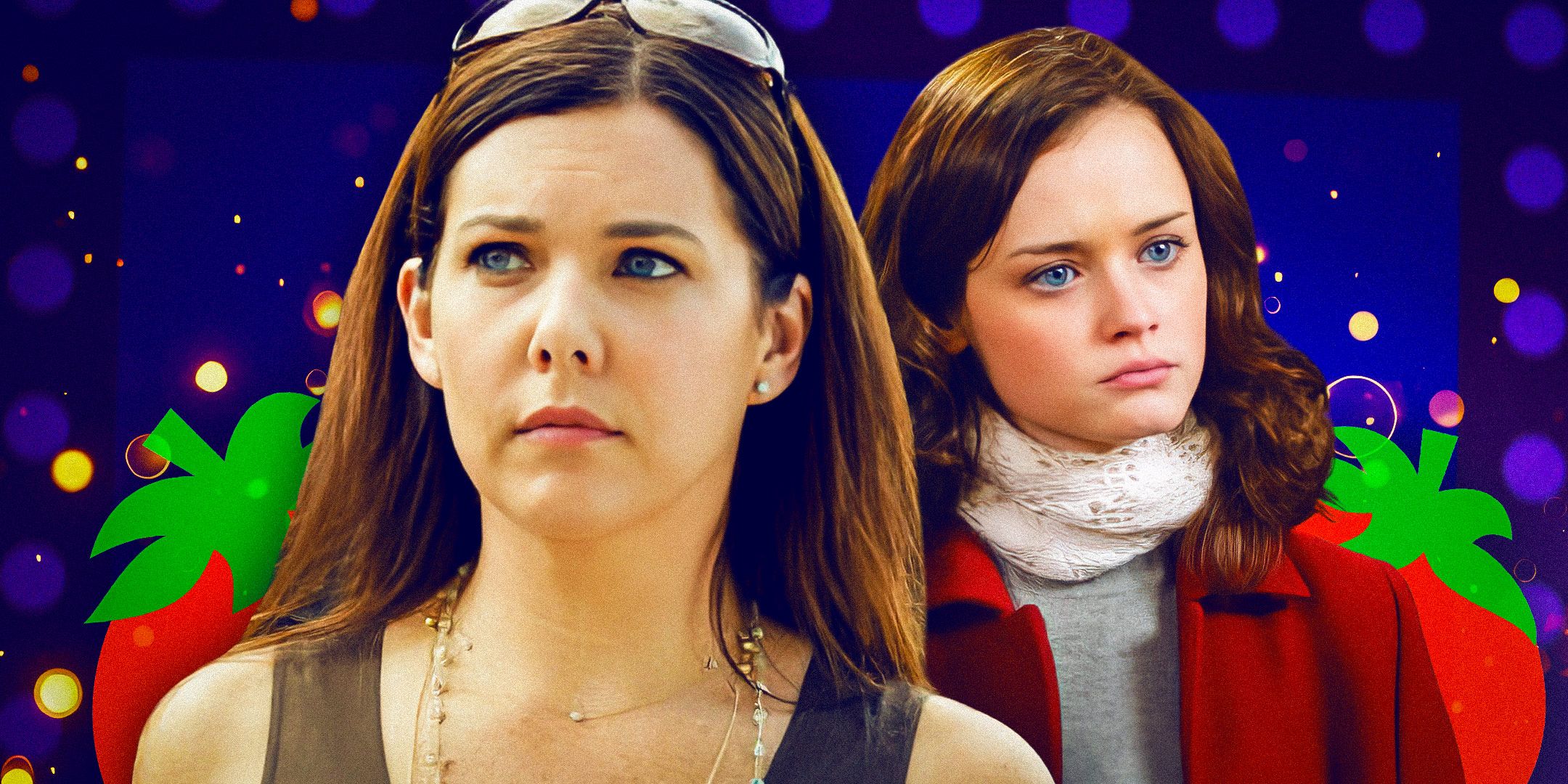 Lorelai Gilmore to the left looking concerned and Rory Gilmore to the right looking confused in front of a purple background with tomatoes