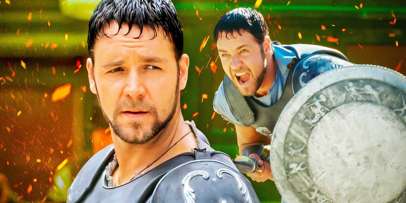 Russell Crowe as Maximus Decimus Meridius in several scenes from Gladiator (2000)