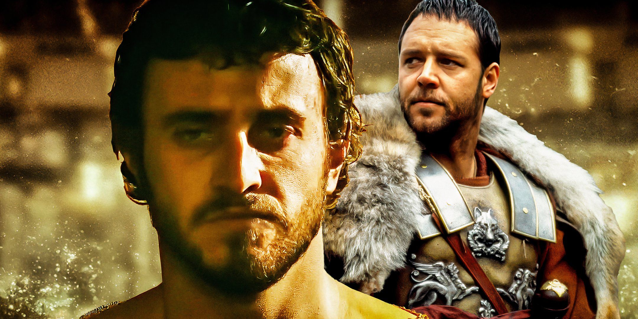 Paul Mescal como Lucius en Gladiator II (2024) junto a Russell Crowe como Maximus Decimus Meridius en Gladiator (2000)