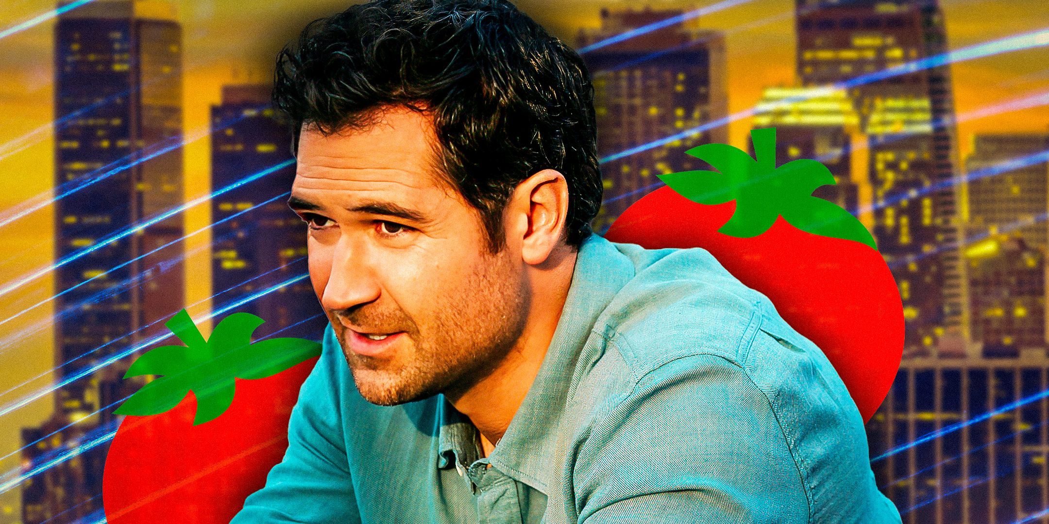 Manuel Garcia-Rulfo as Mickey Haller in The Lincoln Lawyer with the Rotten Tomatoes logo and Bosch's cityscape behind him