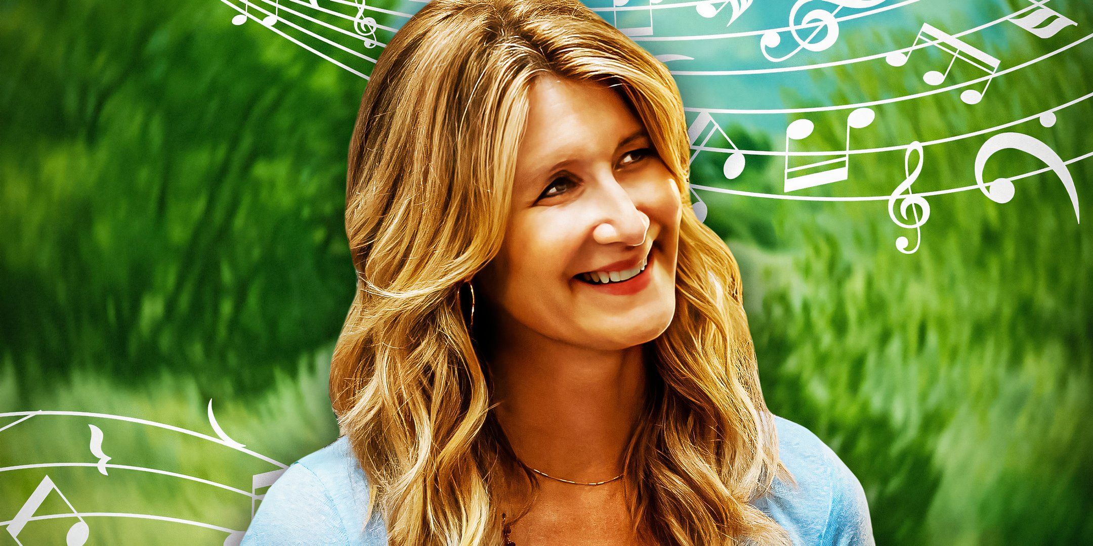 Laura Dern as smiling Katherine in Lonely Planet with musical images in the background