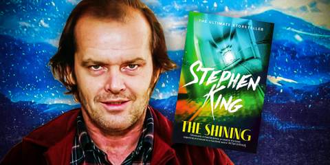 Jack Nicholson as Jack Torrance in The Shining and the cover of Stephen King's book