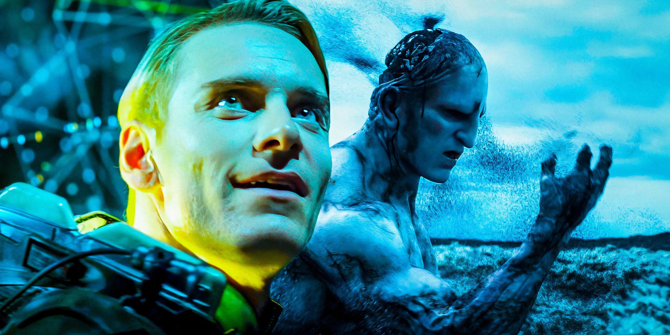 David (Michael Fassbender) next to a dissolving Engineer in Prometheus