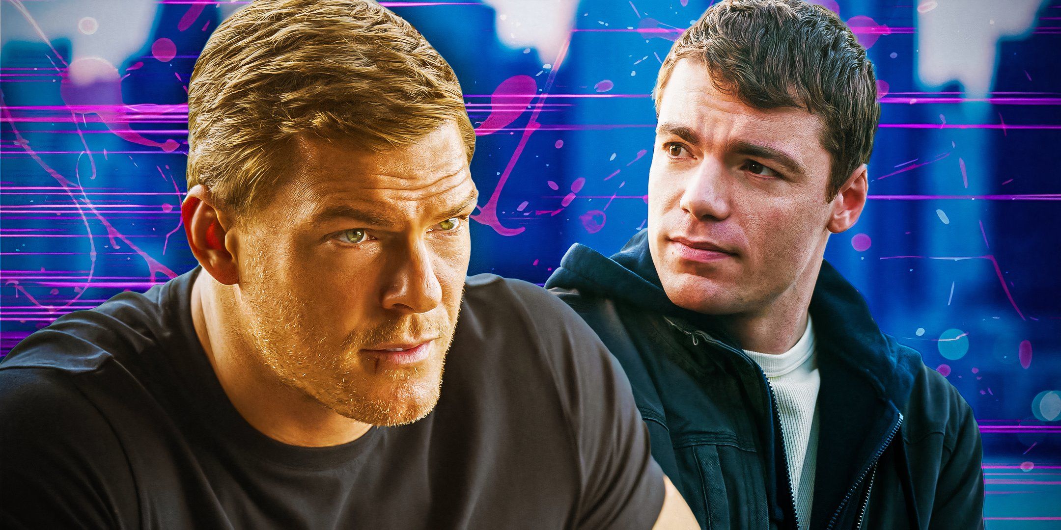 Imagery from Reacher and The Night Agent with Alan Ritchson as Reacher and Gabriel Basso in The Night Agent