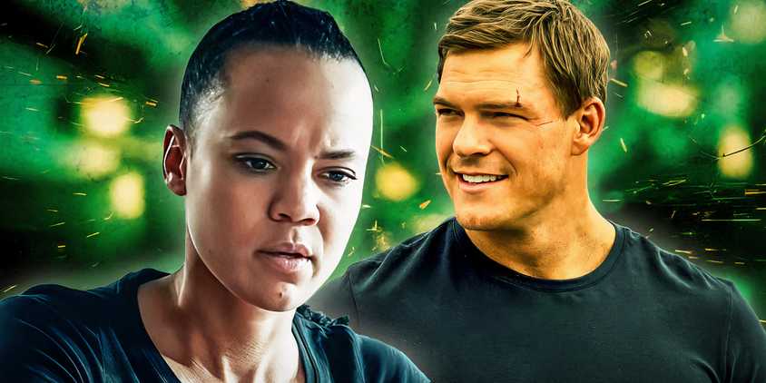 Custom Reacher image of Maria Sten looking concerned as Frances Neagley and Alan Ritchson smiling as Reacher