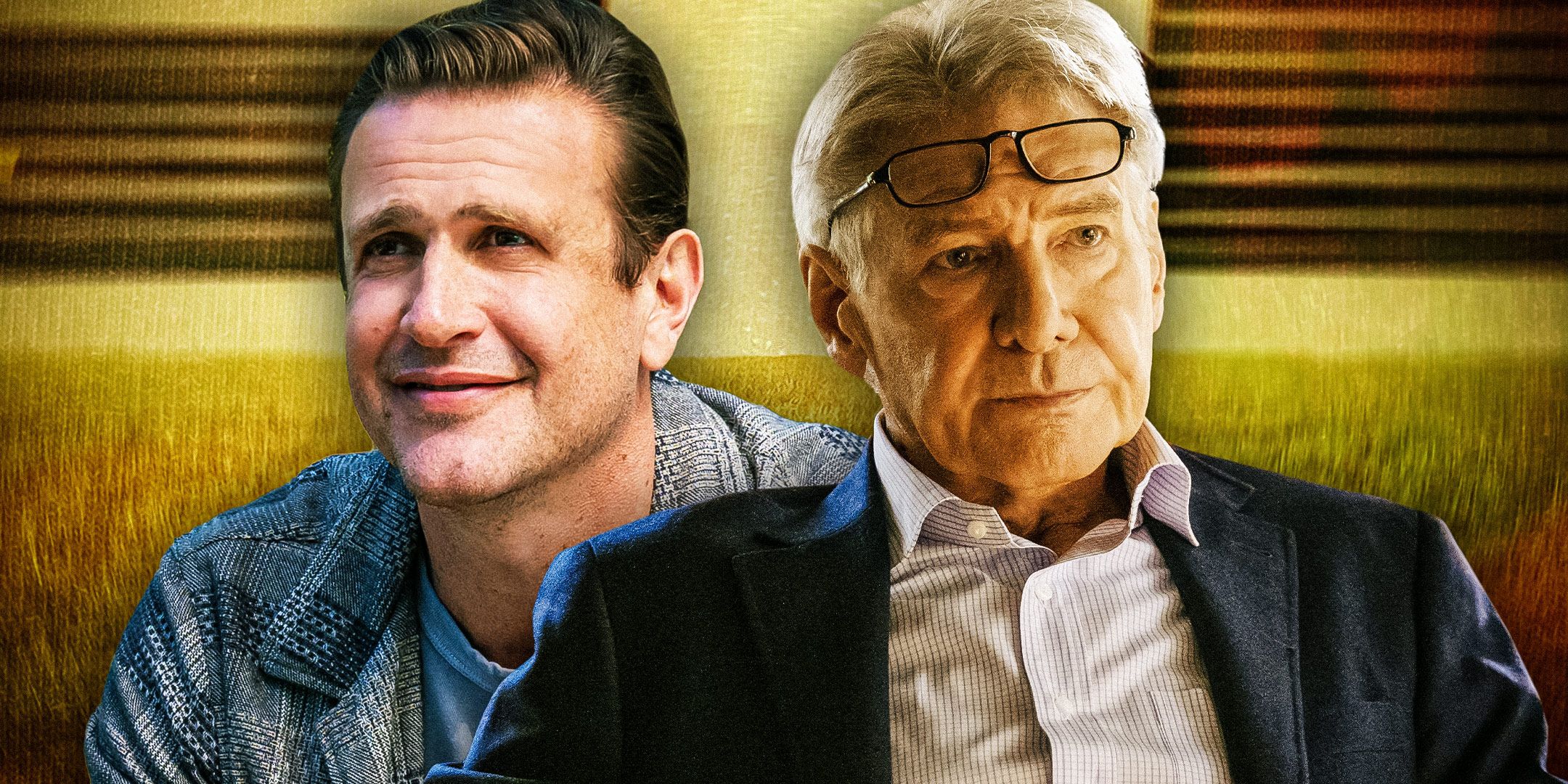 Jimmy (Jason Segel) sorrindo e Paul (Harrison Ford) parecendo inexpressivo em Shrinking