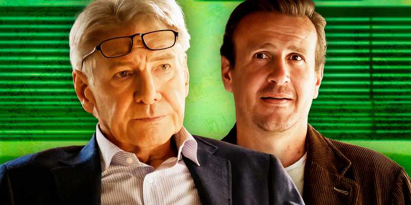 Harrison Ford and Jason Segel in Shrinking with a green background behind them